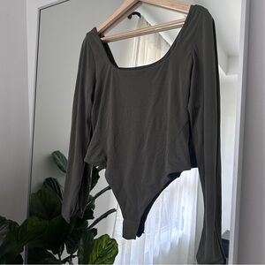 Wundermost Ultra-Soft Nulu Square-Neck Long-Sleeve Olive Green Bodysuit